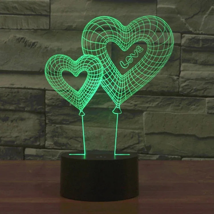Lâmpada de Secretária Estéreo Visual Criativa com Descoloração de 7 Cores, Luz Noturna, Estilo Balão de Coração Duplo