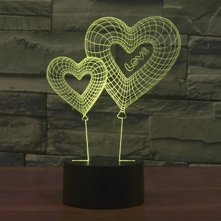 Lâmpada de Secretária Estéreo Visual Criativa com Descoloração de 7 Cores, Luz Noturna, Estilo Balão de Coração Duplo