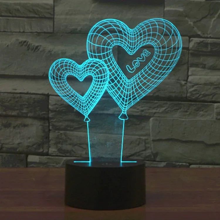 Lâmpada de Secretária Estéreo Visual Criativa com Descoloração de 7 Cores, Luz Noturna, Estilo Balão de Coração Duplo