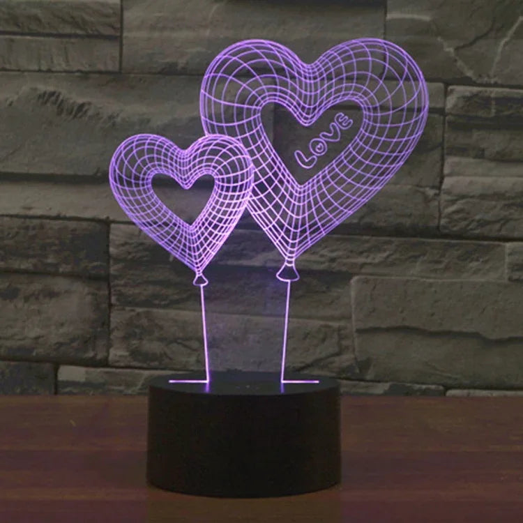 Lâmpada de Secretária Estéreo Visual Criativa com Descoloração de 7 Cores, Luz Noturna, Estilo Balão de Coração Duplo