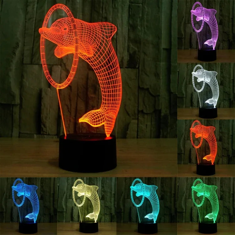 Lâmpada de secretária visual estéreo criativa com descoloração de 7 cores, luz noturna, estilo golfinho