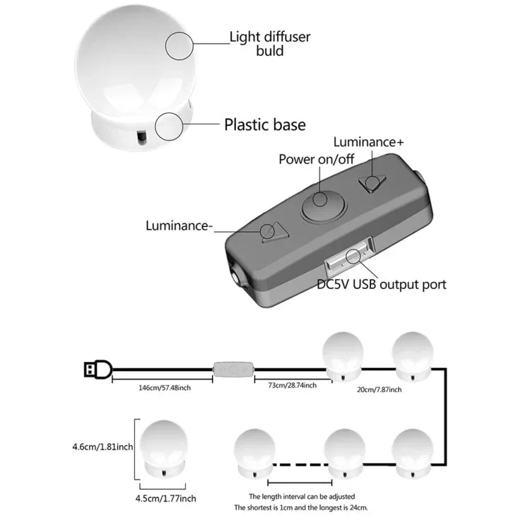 Lâmpada de Secretária com Lâmpada Cosmética Estilo Hollywood 120LM 7000K com Carregamento USB, Comprimento do Cabo: 4,6m, DC 5V