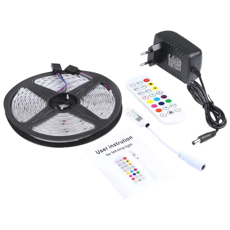 Fita de Luz Bluetooth RGB 5m 150 LEDs SMD 5050 IP65 Impermeável com Controlo Remoto de 24 Teclas, Plugue UE, 5m 150 LEDs IP65