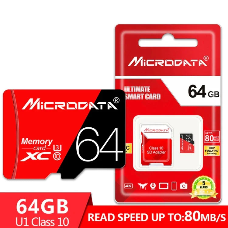 Cartão de Memória TF (Micro SD) Vermelho e Preto U3 de Alta Velocidade MICRODATA 64GB, 64GB