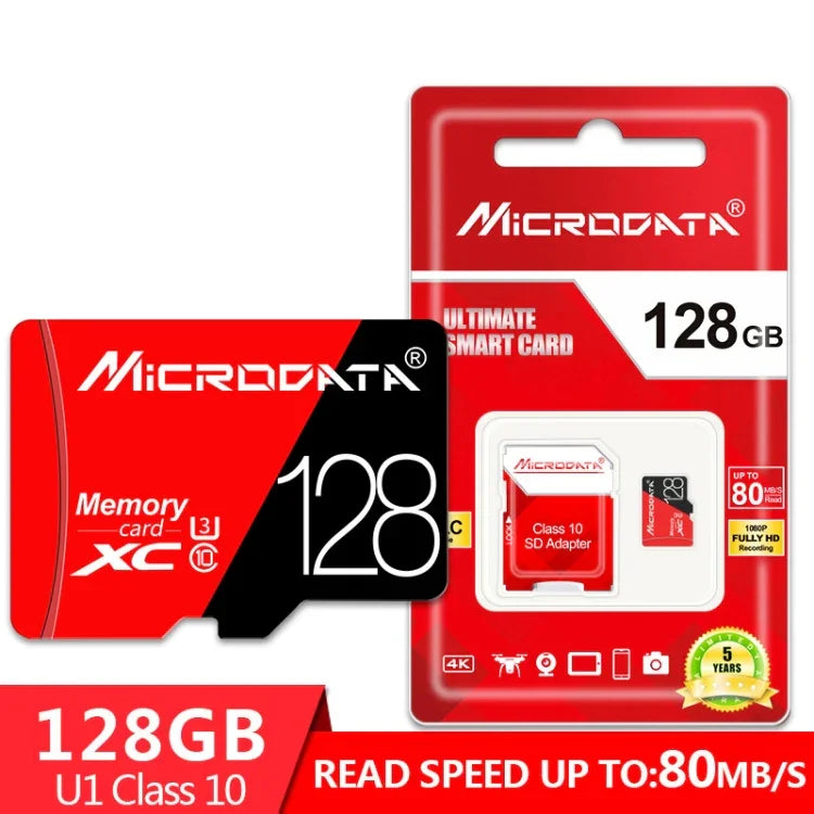 Cartão de Memória TF (Micro SD) Vermelho e Preto U3 de Alta Velocidade MICRODATA 128GB, 128GB