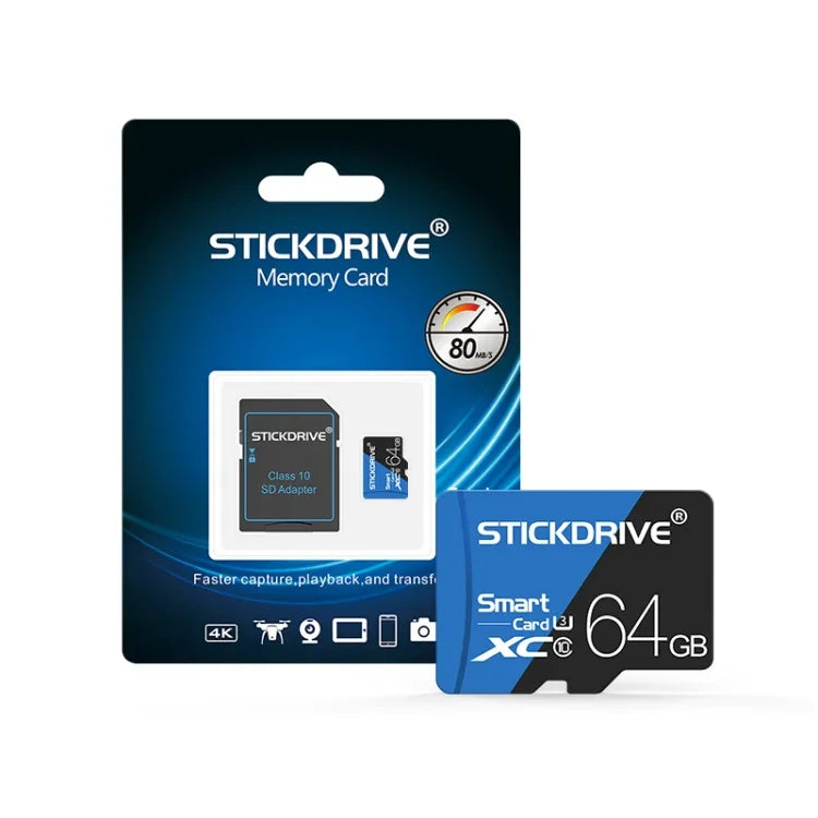 Cartão de Memória TF (Micro SD) Azul e Preto U3 de Alta Velocidade STICKDRIVE 64GB, 64GB