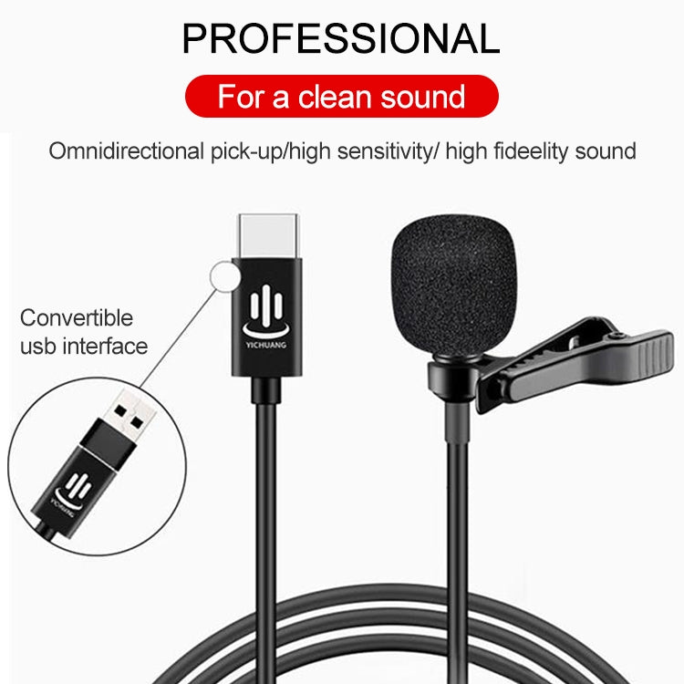 Microfone de Lapela Condensador com Redução Inteligente de Ruído YICHUANG YC-LM10 USB-C / Tipo-C, Comprimento do Cabo: 1,5m, YC-LM10