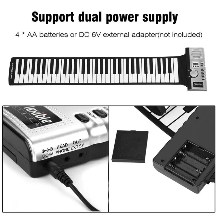 Teclado Piano Eletrónico Flexível Portátil de 61 Teclas com Colunas, 61 Teclas