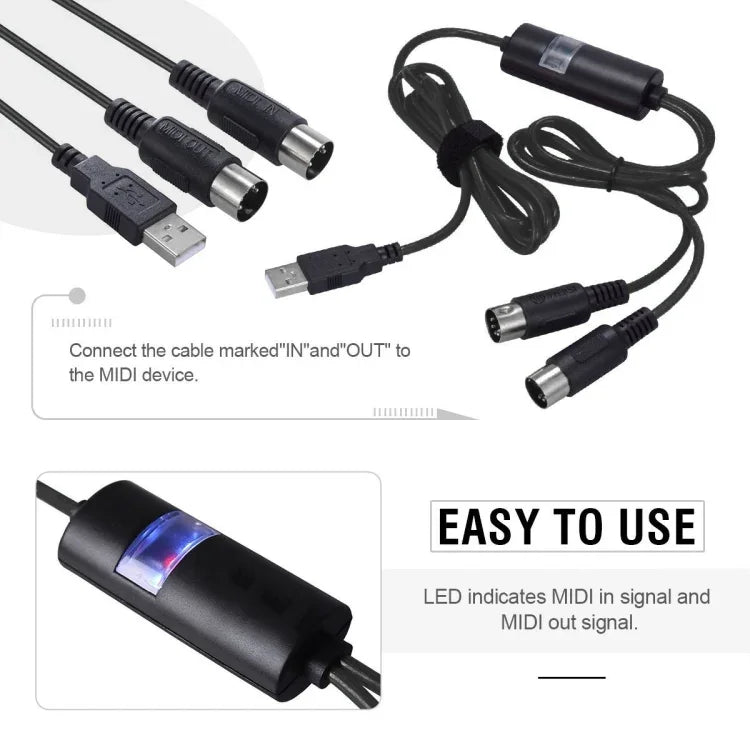 WERSI UM-18 Cabo USB MIDI MidiPort Cabo MIDI Piano Elétrico Bateria Eletrónica Linha de Edição Musical, Comprimento: 2m