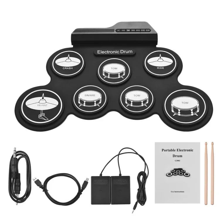 Bateria Eletrónica Portátil de Silicone com Rolagem Manual USB, Versão Ícone Preta, Bateria Eletrónica Versão Ícone Preta