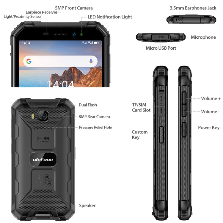 À prova de água IP68/IP69K, à prova de pó e choque, reconhecimento facial, bateria de 4000mAh, ecrã de 5.0 polegadas, Android 9.0 MTK6580A/W Quad Core até 1.3GHz, rede: 3G, Armor X6 2GB+16GB