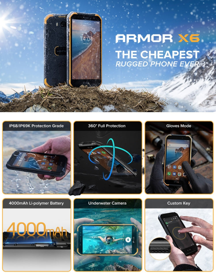 À prova de água IP68/IP69K, à prova de pó e choque, reconhecimento facial, bateria de 4000mAh, ecrã de 5.0 polegadas, Android 9.0 MTK6580A/W Quad Core até 1.3GHz, rede: 3G, Armor X6 2GB+16GB