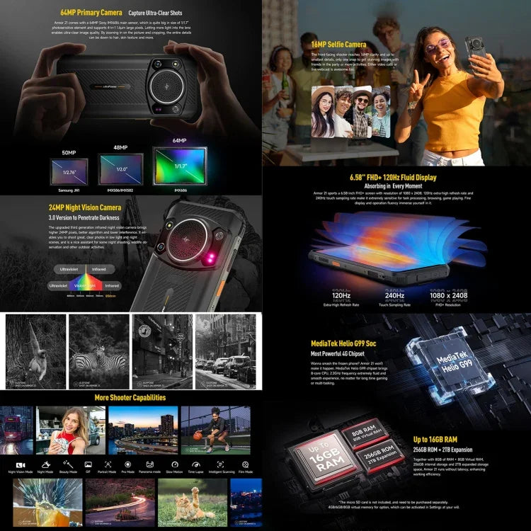 Câmaras traseiras duplas, IP68/IP69K à prova de água, poeira e choque, Face ID e identificação por impressão digital, 6,58 polegadas Android 13 MediaTek Helio G99 Octa Core até 2,2GHz, Rede: 4G, OTG, NFC, Versão global com Google Play, Armor 21