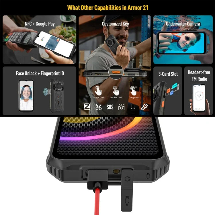 Câmaras traseiras duplas, IP68/IP69K à prova de água, poeira e choque, Face ID e identificação por impressão digital, 6,58 polegadas Android 13 MediaTek Helio G99 Octa Core até 2,2GHz, Rede: 4G, OTG, NFC, Versão global com Google Play, Armor 21