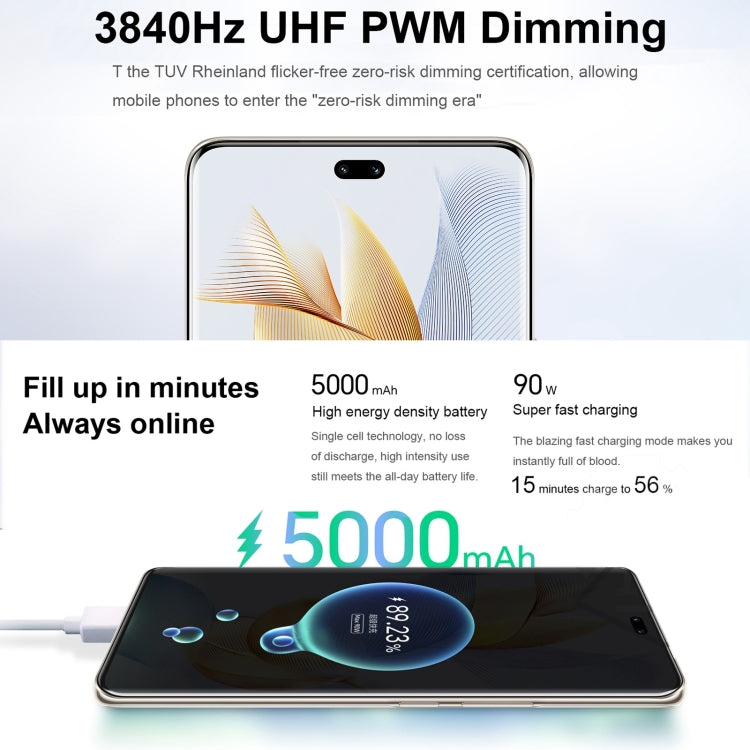 Três câmaras traseiras + duas câmaras frontais, identificação por impressão digital no ecrã, 6,78 polegadas Magic UI 7.1 Android 13 Qualcomm Snapdragon 8+ Gen 1 Octa Core até 3,0GHz, Rede: 5G, OTG, NFC, Não suporta Google Play, Honor 90 Pro 5G 12GB+256GB