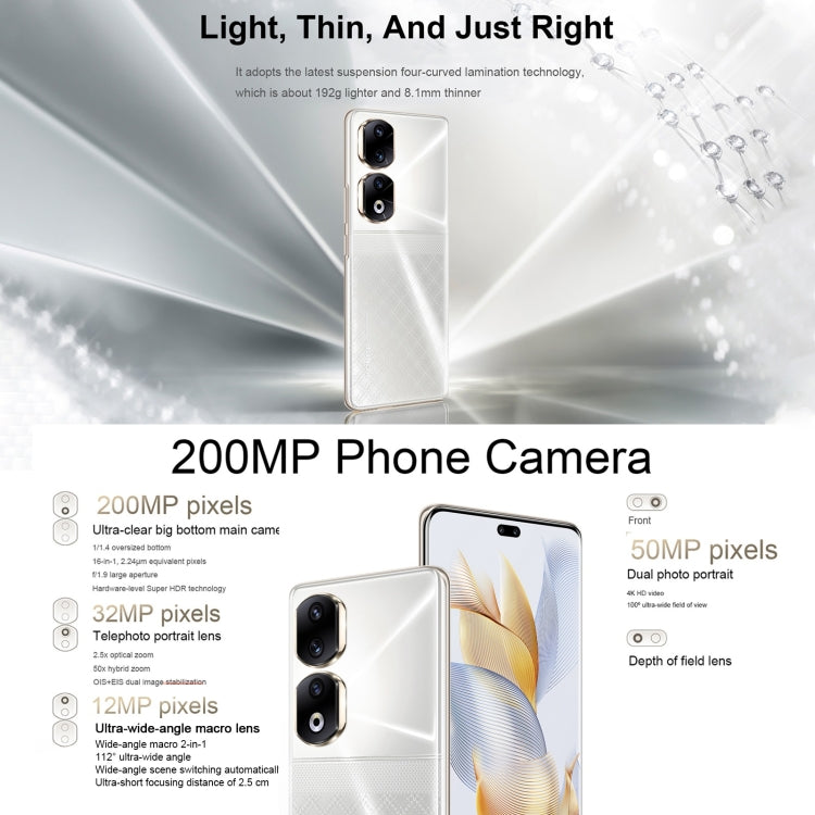 Três câmaras traseiras + duas câmaras frontais, identificação por impressão digital no ecrã, 6,78 polegadas Magic UI 7.1 Android 13 Qualcomm Snapdragon 8+ Gen 1 Octa Core até 3,0GHz, Rede: 5G, OTG, NFC, Não suporta Google Play, Honor 90 Pro 5G 12GB+256GB