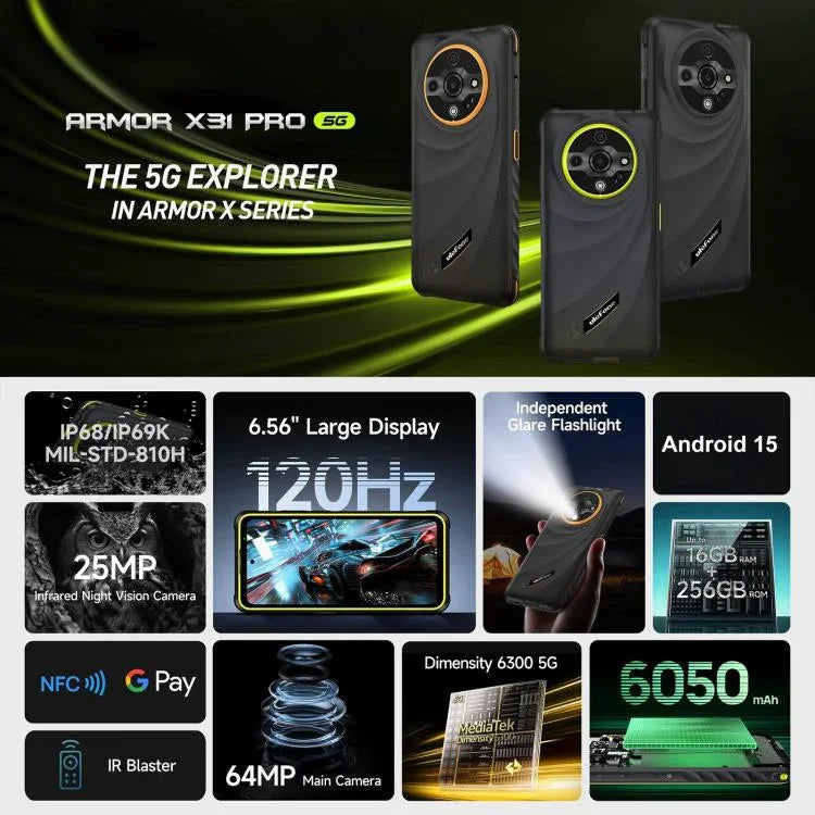 Ulefone Armor X31 Pro 5G, 8GB+256GB, Night Vision, IP68/IP69K Rugged Phone, 6.56 inch Android 14 MediaTek Dimensity 6300 Octa Core, Network: 5G, NFC, OTG, Armor X31 Pro