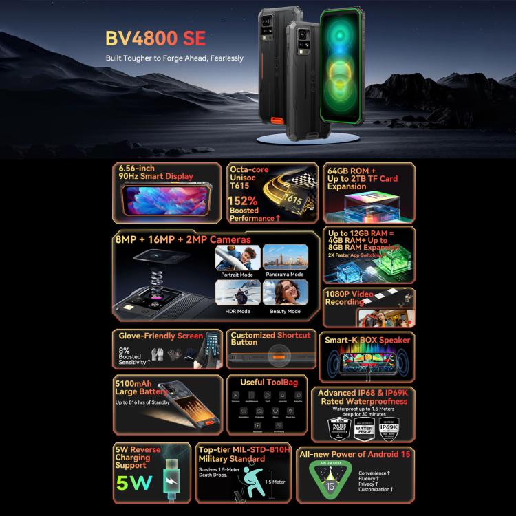 Blackview BV4800 SE Telemóvel Resistente, 4GB+64GB, 6,56 polegadas Android 15 UMS9320E T615 Octa Core, Rede: 4G, OTG, NFC, BV4800 SE 4GB+64GB
