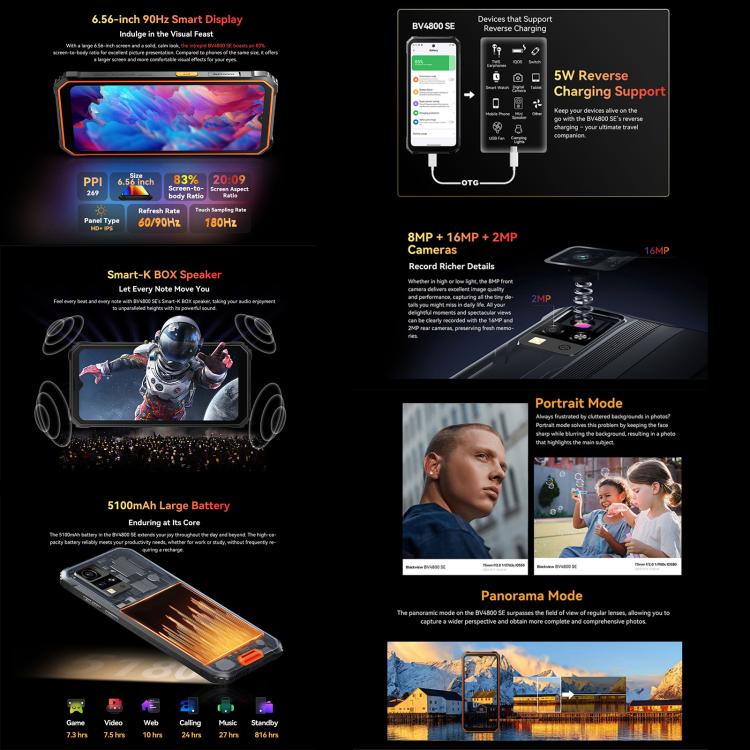 Blackview BV4800 SE Telemóvel Resistente, 4GB+64GB, 6,56 polegadas Android 15 UMS9320E T615 Octa Core, Rede: 4G, OTG, NFC, BV4800 SE 4GB+64GB