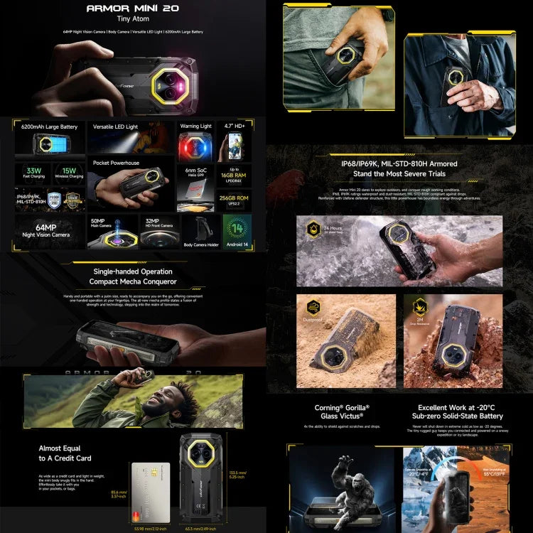 Ulefone Armor Mini 20, Visão Noturna, 8GB+256GB, Telemóvel Resistente IP68/IP69K, 4,7 polegadas Android 14 MediaTek Dimensity 6300 Octa Core, Rede: 4G, NFC, OTG, Armor Mini 20