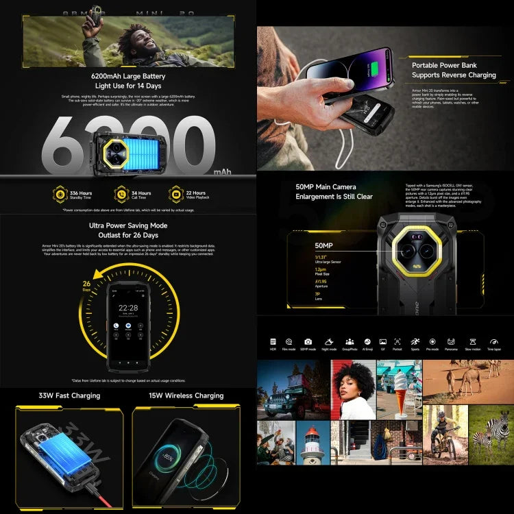 Ulefone Armor Mini 20, Visão Noturna, 8GB+256GB, Telemóvel Resistente IP68/IP69K, 4,7 polegadas Android 14 MediaTek Dimensity 6300 Octa Core, Rede: 4G, NFC, OTG, Armor Mini 20