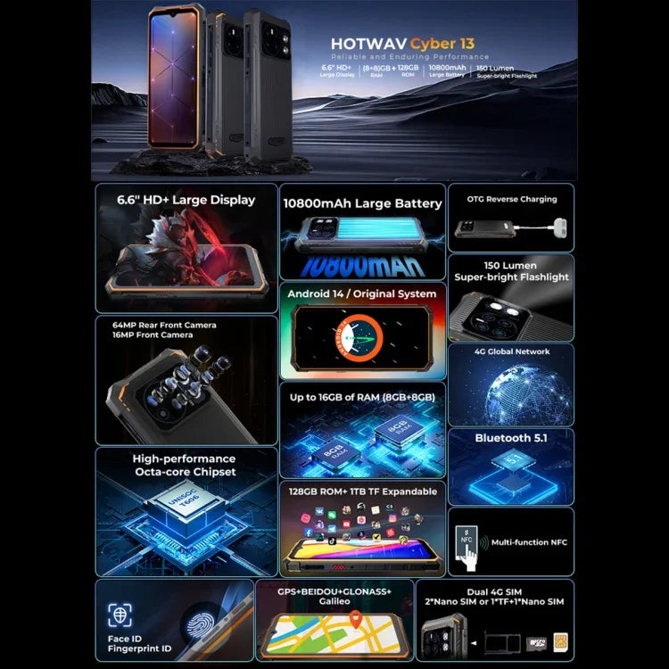 HOTWAV CYBER 13, Telemóvel Resistente IP68/IP69K, 8GB+128GB, 10800mAh, 6,6 polegadas Android 14.0 Unisoc T606 Octa Core, Rede: 4G, NFC, OTG