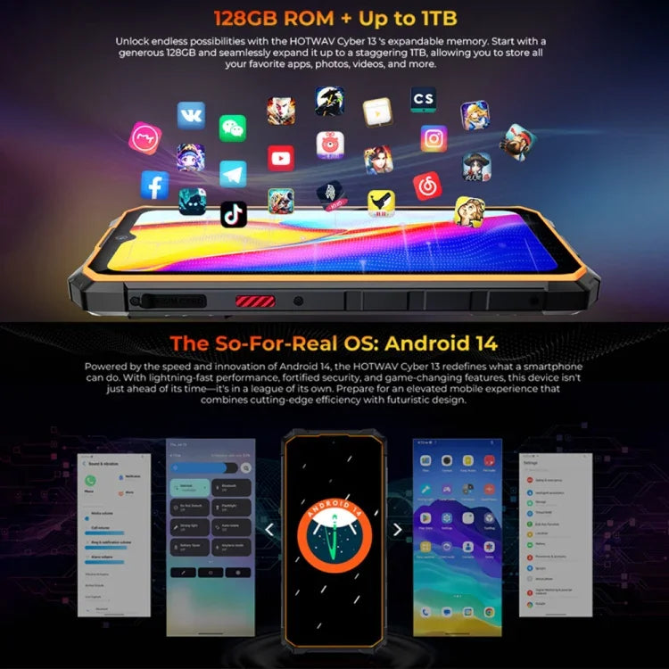 HOTWAV CYBER 13, Telemóvel Resistente IP68/IP69K, 8GB+128GB, 10800mAh, 6,6 polegadas Android 14.0 Unisoc T606 Octa Core, Rede: 4G, NFC, OTG