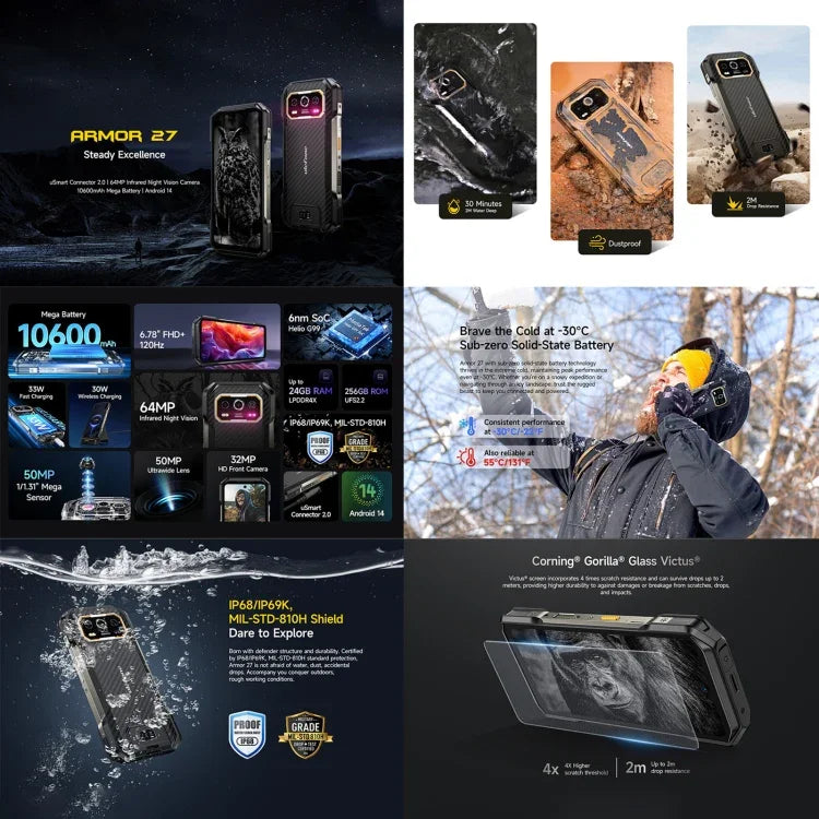 Ulefone Armor 27 Telemóvel Resistente, 12GB+256GB, Visão Noturna, 10600mAh, 6,78 polegadas Android 14 MediaTek Helio G99 Octa Core, Rede: 4G, NFC, OTG, Armor 27