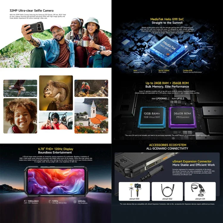 Ulefone Armor 27 Telemóvel Resistente, 12GB+256GB, Visão Noturna, 10600mAh, 6,78 polegadas Android 14 MediaTek Helio G99 Octa Core, Rede: 4G, NFC, OTG, Armor 27