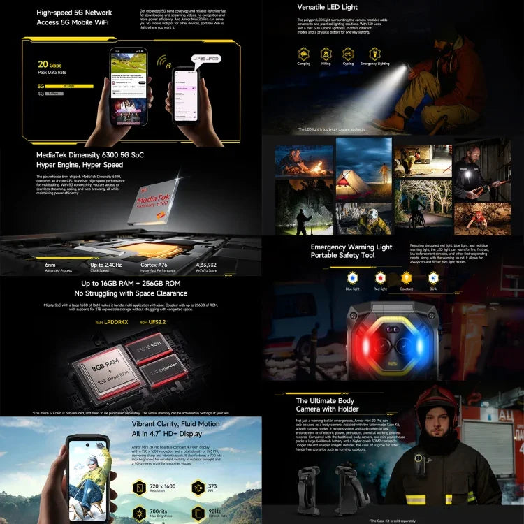 Ulefone Armor Mini 20 Pro, 8GB+256GB, Telemóvel Resistente IP68/IP69K, 4,7 polegadas Android 14 MediaTek Dimensity 6300 5G Octa Core, Rede: 5G, NFC, OTG, Armor Mini 20 Pro