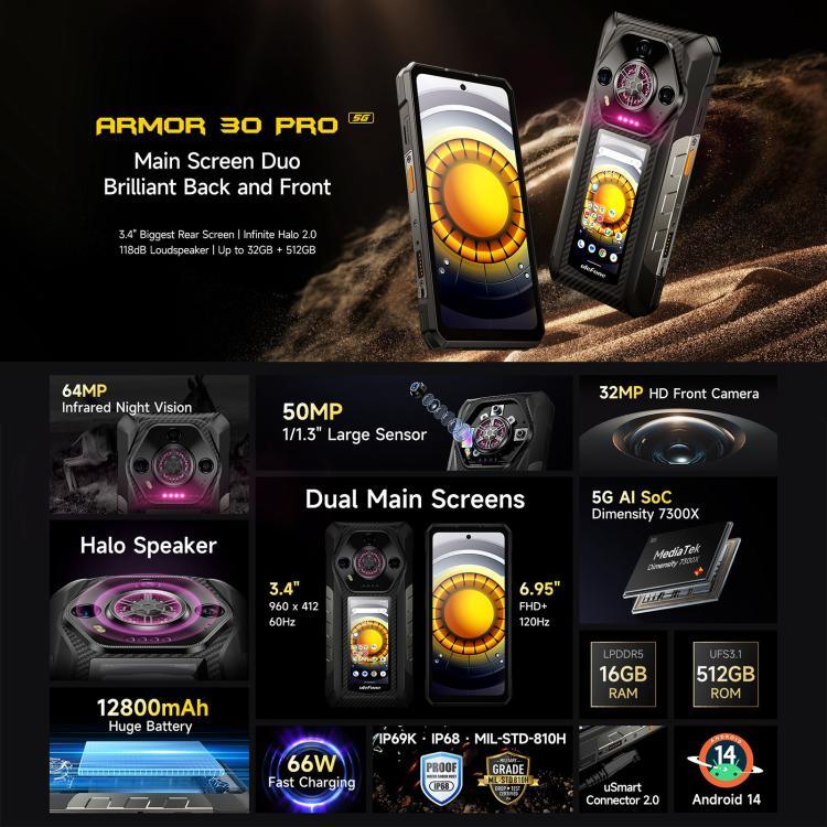 Ulefone Armor 30 Pro Telemóvel Resistente, 16GB+512GB, Visão Noturna, Ecrã Duplo 6,95 polegadas + 3,4 polegadas Android 14 MediaTek Dimensity 7300X Octa Core, Rede: 5G, OTG, NFC, Armor 30 Pro