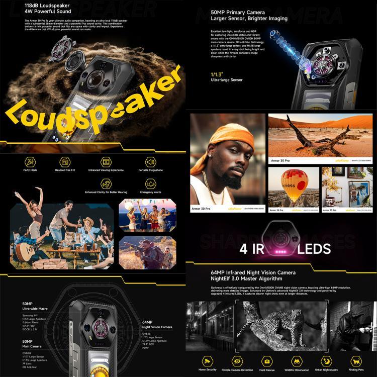 Ulefone Armor 30 Pro Telemóvel Resistente, 16GB+512GB, Visão Noturna, Ecrã Duplo 6,95 polegadas + 3,4 polegadas Android 14 MediaTek Dimensity 7300X Octa Core, Rede: 5G, OTG, NFC, Armor 30 Pro