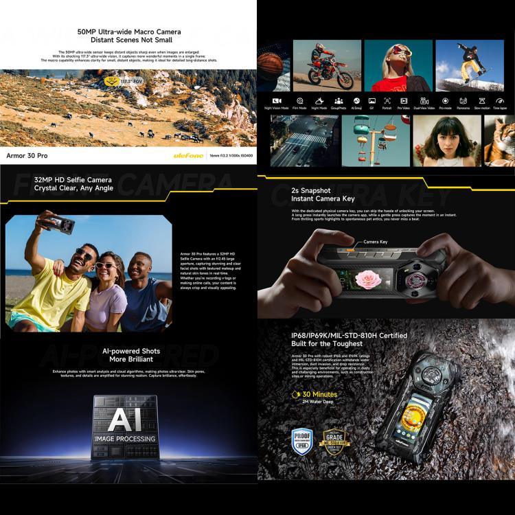 Ulefone Armor 30 Pro Telemóvel Resistente, 16GB+512GB, Visão Noturna, Ecrã Duplo 6,95 polegadas + 3,4 polegadas Android 14 MediaTek Dimensity 7300X Octa Core, Rede: 5G, OTG, NFC, Armor 30 Pro