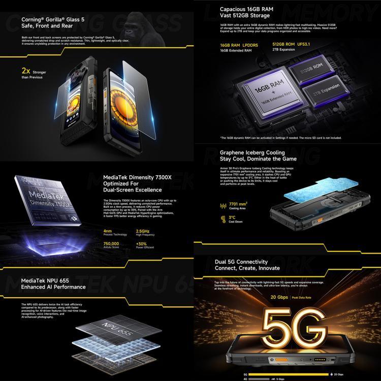 Ulefone Armor 30 Pro Telemóvel Resistente, 16GB+512GB, Visão Noturna, Ecrã Duplo 6,95 polegadas + 3,4 polegadas Android 14 MediaTek Dimensity 7300X Octa Core, Rede: 5G, OTG, NFC, Armor 30 Pro