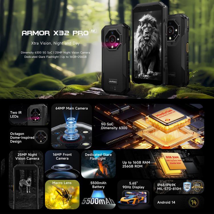 Ulefone Armor X32 Pro 5G, 8GB+256GB, Visão Noturna, Telemóvel Resistente IP68/IP69K, 5,65 polegadas Android 14 MediaTek Dimensity 6300 Octa Core, Rede: 5G, NFC, OTG, Armor X32 Pro 5G