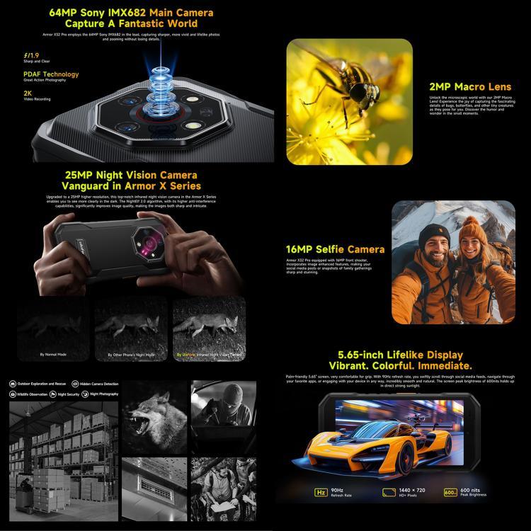 Ulefone Armor X32 Pro 5G, 8GB+256GB, Visão Noturna, Telemóvel Resistente IP68/IP69K, 5,65 polegadas Android 14 MediaTek Dimensity 6300 Octa Core, Rede: 5G, NFC, OTG, Armor X32 Pro 5G