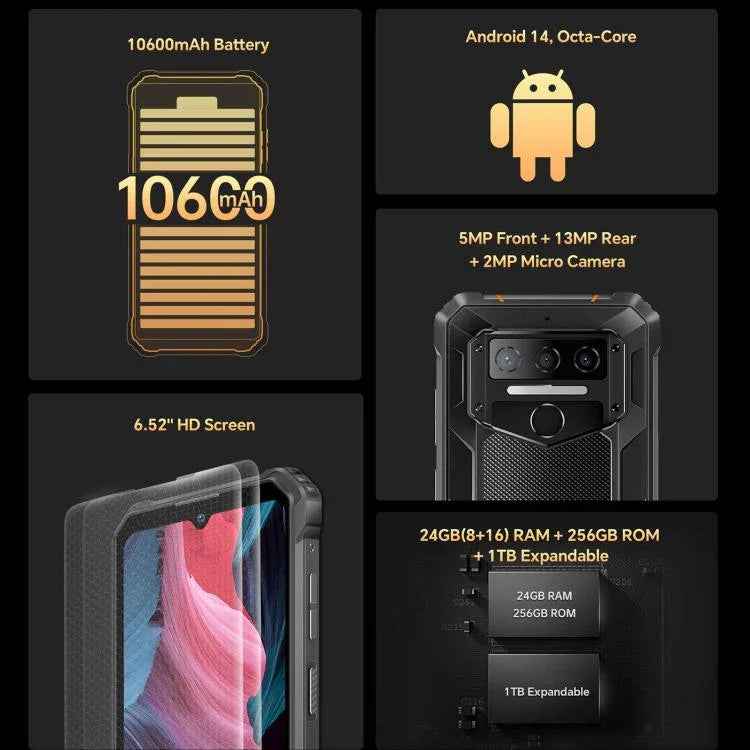 Oukitel WP23 Plus Telemóvel Resistente, 8GB+256GB, 6,52 polegadas Android 14.0 Unisoc T606 Octa-core, NFC, OTG, Rede: 4G, WP23 Plus 8GB+256GB
