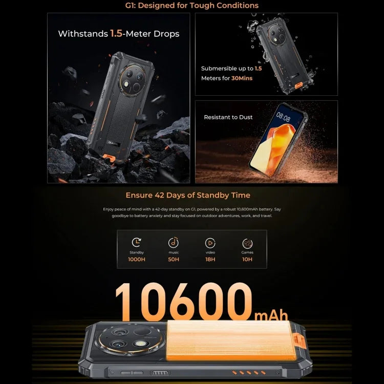 Oukitel G1 Telemóvel Resistente, 6GB+256GB, Identificação por Impressão Digital, 6,52 polegadas Android 14 T606 Octa Core, NFC, OTG, Rede: 4G