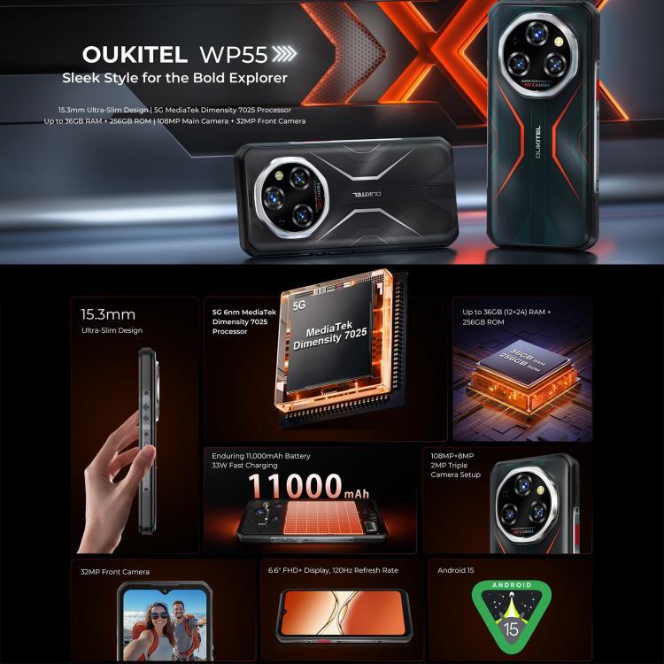 Oukitel WP55 5G Telefone Robusto, 12GB+256GB, Câmara 108MP, Identificação por Impressão Digital, 6,6 polegadas MediaTek Dimensity 7025 Octa Core, NFC, OTG, Rede: 5G, WP55