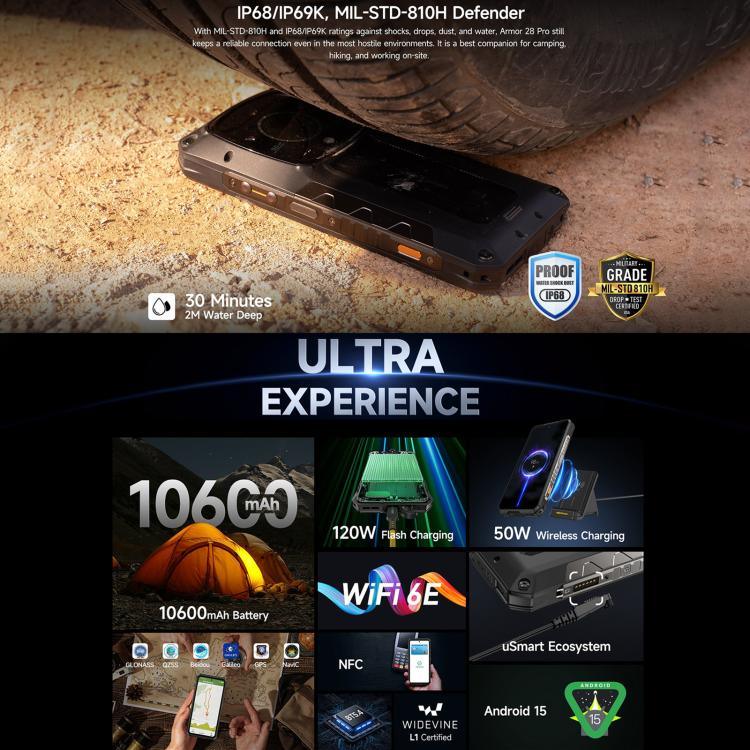 Ulefone Armor 28 Pro Telefone Robusto, 16GB+512GB, Visão Noturna, 10600mAh, 6,67 polegadas + 1,04 polegadas Android 15 MediaTek Dimensity 7300 Octa Core, Rede: 5G, NFC