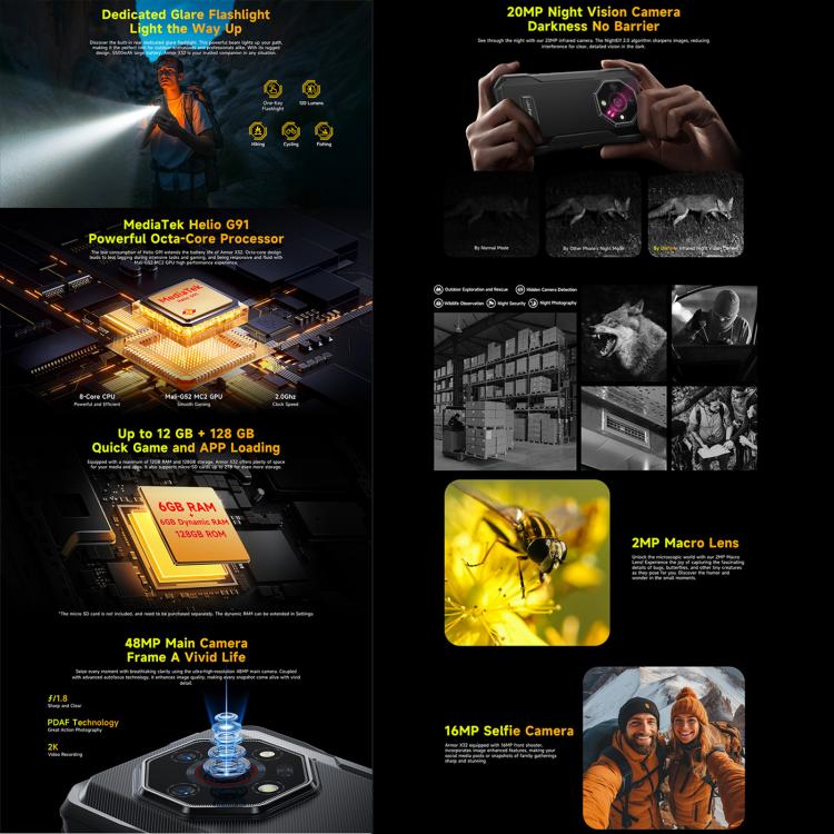 Ulefone Armor X32 Telefone Robusto, 8GB+256GB, Visão Noturna, 5,65 polegadas Android 14 MediaTek Helio G91 Octa Core, Rede: 4G, NFC, OTG