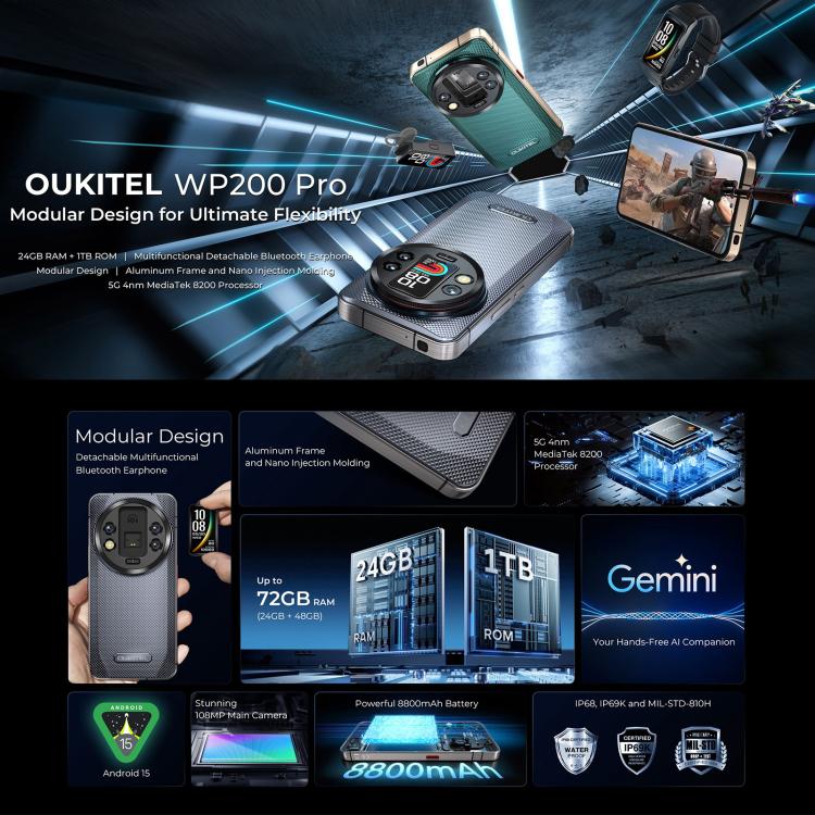 Oukitel WP200 Pro 5G Telefone Robusto, 24GB+1TB, Impressão Digital no Ecrã, 6,7 polegadas Android 15.0 MTK Dimensity 8200 Octa-Core, NFC, OTG, Rede: 5G