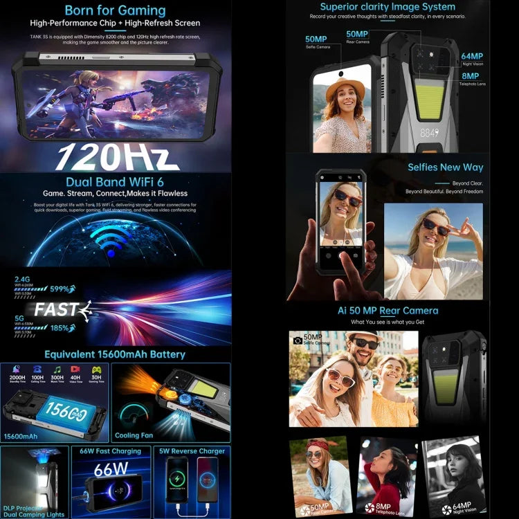 Unihertz 8849 Tank 3S Telemóvel Robusto com Projetor de Visão Noturna, 12GB+256GB, 6,79 polegadas Android 14 Dimensity 8200 Octa Core, Rede: 5G, Tank 3S 12GB+256GB