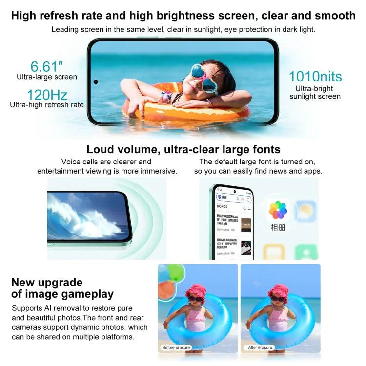 Honor Play 60, 6GB+128GB, Impressão Digital Lateral, 6,61 polegadas MagicOS 9.0 Dimensity 6300 Octa Core, Rede: 5G, OTG, Play 60, 6GB+128GB, 6GB+128GB