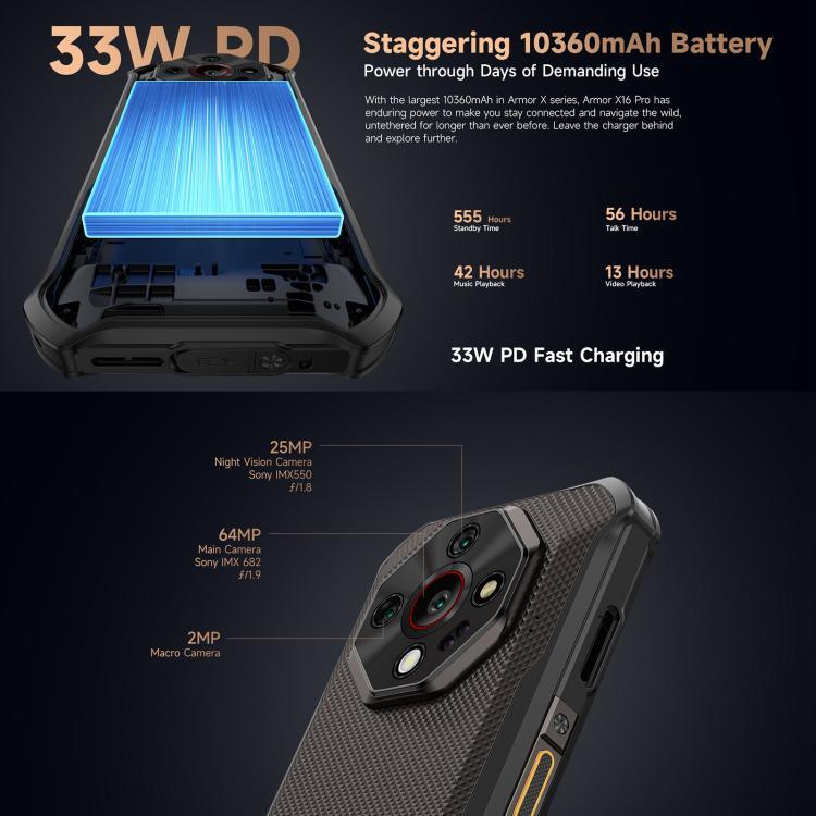 Ulefone Armor X16 Pro, 5GB+256GB, Visão Noturna, Telemóvel Resistente IP68/IP69K, 6,56 polegadas Android 15 MediaTek Dimensity 6300 Octa Core, Rede: 5G, NFC, OTG, Armor X16 Pro, 8GB+256GB
