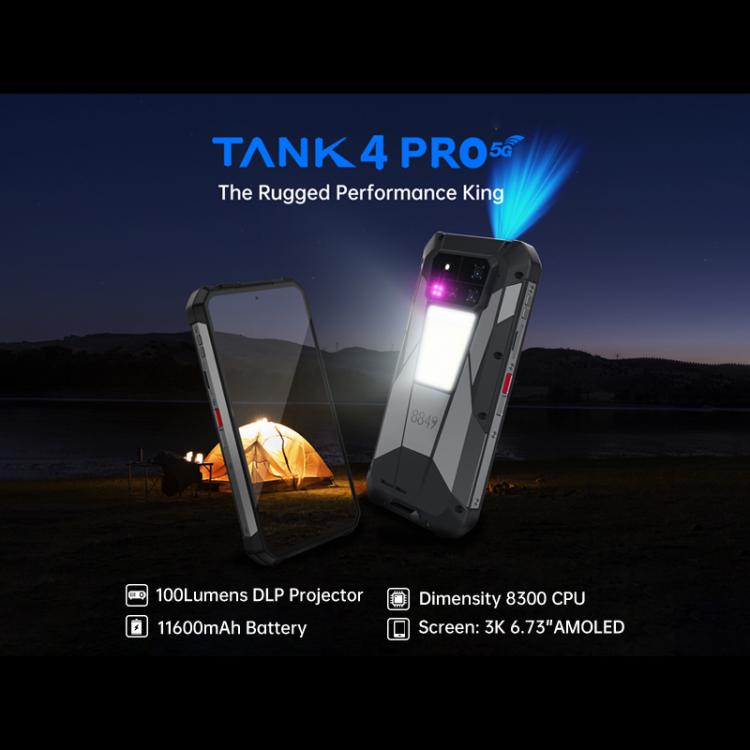 Telemóvel robusto Unihertz Tank 4 Pro com projetor, 16GB+512GB, visão noturna, ecrã de 6.73 polegadas Android 13 Dimensity 8300 Octa Core, rede: 5G, NFC, 16GB+512GB