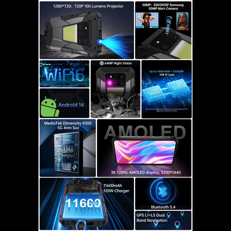 Telemóvel robusto Unihertz Tank 4 Pro com projetor, 16GB+512GB, visão noturna, ecrã de 6.73 polegadas Android 13 Dimensity 8300 Octa Core, rede: 5G, NFC, 16GB+512GB