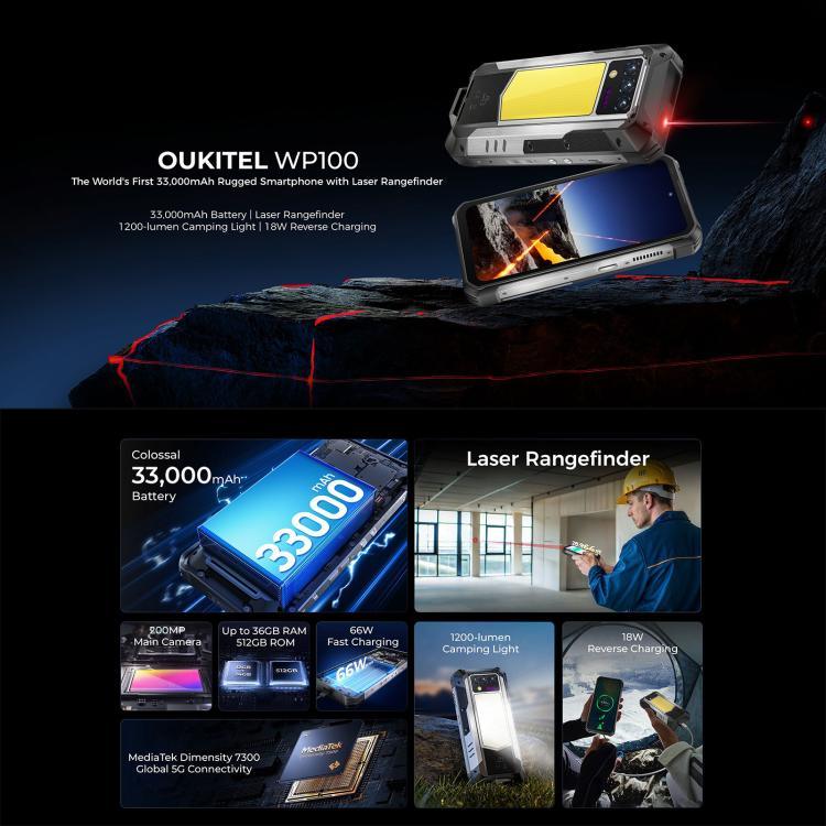 Oukitel WP100 Telemóvel Resistente com Medidor de Distância a Laser, 12GB+512GB, Câmara 200MP, Identificação por Impressão Digital, 6,8 polegadas Android 14 MediaTek Dimensity 7300 Octa Core, NFC, OTG, Rede: 5G, WP100