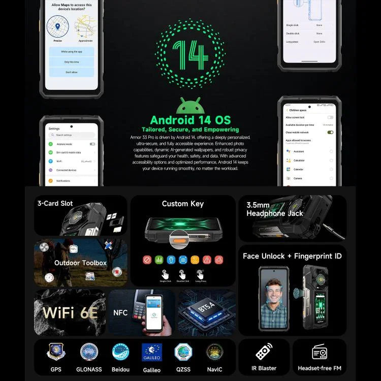 Ulefone Armor 33 Pro Telemóvel Resistente, 16GB+512GB, Visão Noturna, 6,95 polegadas + 3,4 polegadas Ecrã Duplo Android 14 MediaTek Dimensity 7300X Octa Core, Rede: 5G, OTG, NFC, Armor 33 Pro