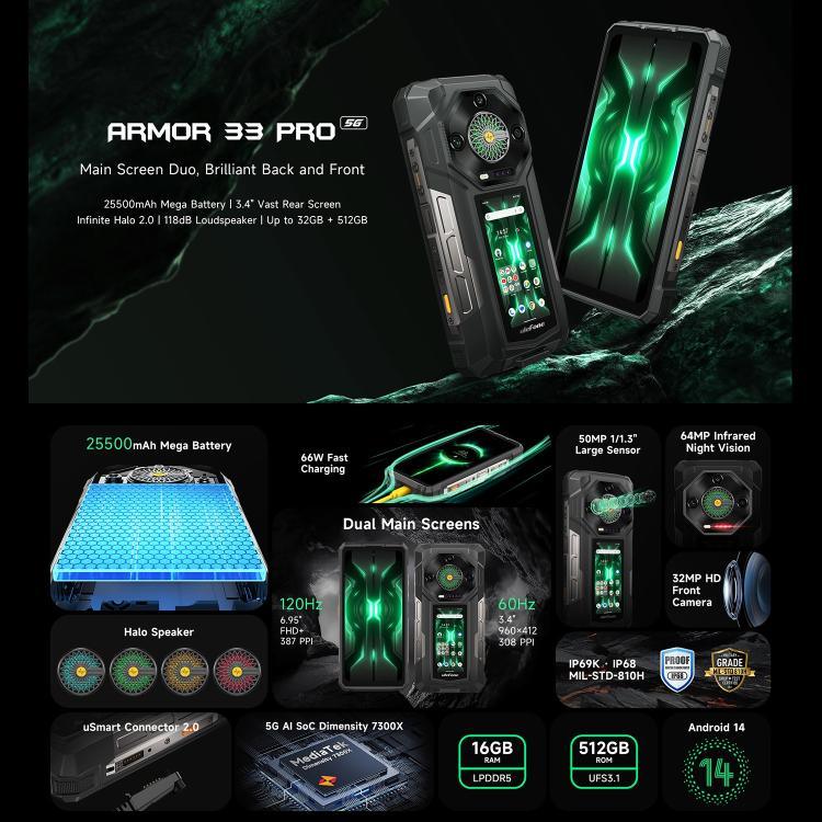 Ulefone Armor 33 Pro Telemóvel Resistente, 16GB+512GB, Visão Noturna, 6,95 polegadas + 3,4 polegadas Ecrã Duplo Android 14 MediaTek Dimensity 7300X Octa Core, Rede: 5G, OTG, NFC, Armor 33 Pro